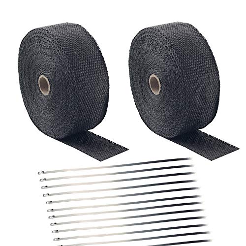 Foneso 2" x 50' Black Exhaust Heat Wrap Roll for Motorcycle Fiberglass Heat Shield Tape with Stainless Ties (2 Roll + 24 Ties Kit)